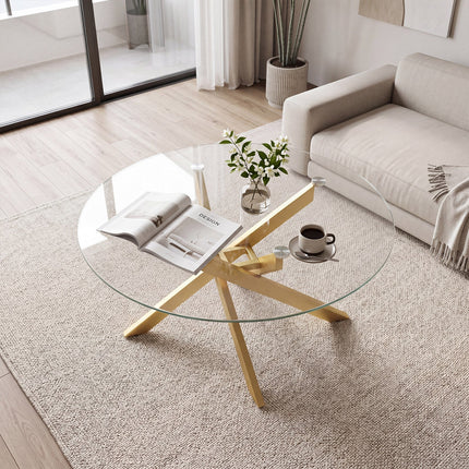 Dreamade 31.5" Round Glass Coffee Table with Tempered Glass Top & Geometric Metal Frame