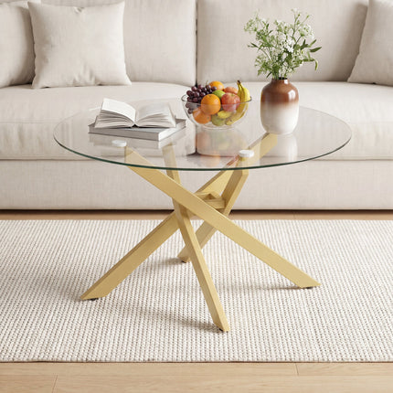 Dreamade 31.5" Round Glass Coffee Table with Tempered Glass Top & Geometric Metal Frame