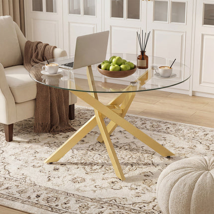 Dreamade 31.5" Round Glass Coffee Table with Tempered Glass Top & Geometric Metal Frame