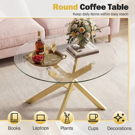 Dreamade 31.5" Round Glass Coffee Table with Tempered Glass Top & Geometric Metal Frame