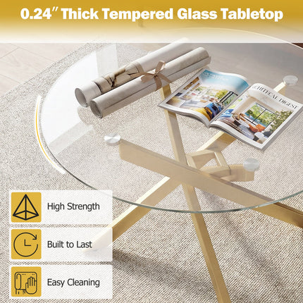 Dreamade 31.5" Round Glass Coffee Table with Tempered Glass Top & Geometric Metal Frame
