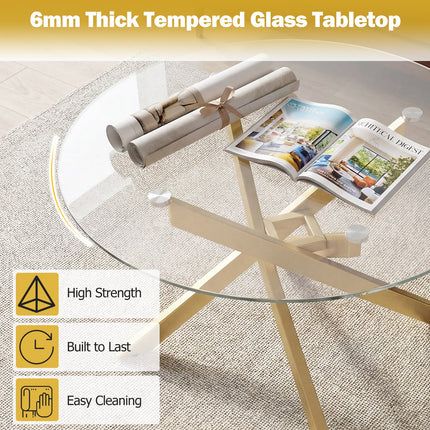 Dreamade 31.5" Round Glass Coffee Table with Tempered Glass Top & Geometric Metal Frame