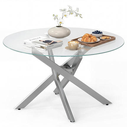 Dreamade 31.5" Round Glass Coffee Table with Tempered Glass Top & Geometric Metal Frame