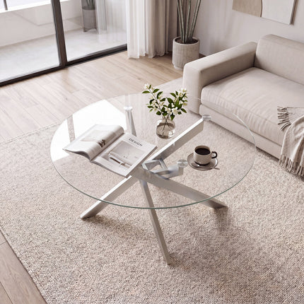 Dreamade 31.5" Round Glass Coffee Table with Tempered Glass Top & Geometric Metal Frame