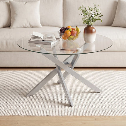 Dreamade 31.5" Round Glass Coffee Table with Tempered Glass Top & Geometric Metal Frame