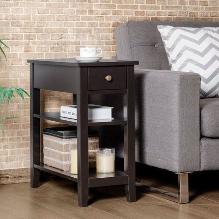 Dreamade 3-Tier End Table with Drawer and Double Shelves Narrow Tiered Side Table for Bedroom