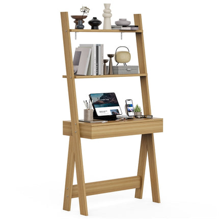Dreamade 3 Tier Ladder Desk with Drawer, 33’’ Width Ladder Shelf with Anti-tipping Device, Freestanding Bookshelf