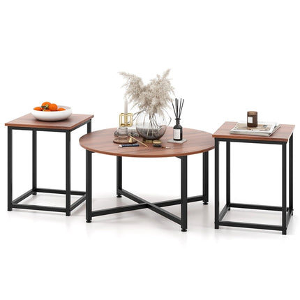 Dreamade Round Nesting Table Set of 3, Farmhouse Coffee Table w/2 End Tables, Sturdy Metal Frame (Black Oak)