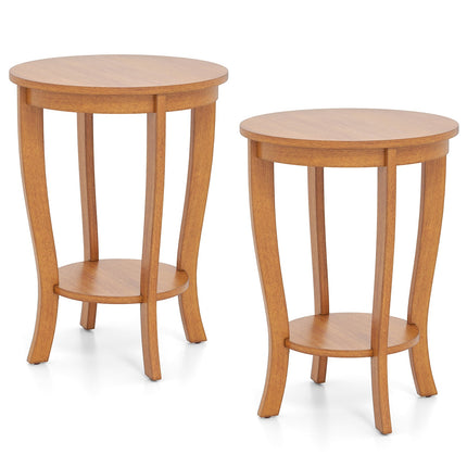 Dreamade Round End Table with Storage Shelf Set of 2, Retro Nightstand with Solid Wood Legs, 24.5" Accent Table for Small Spaces
