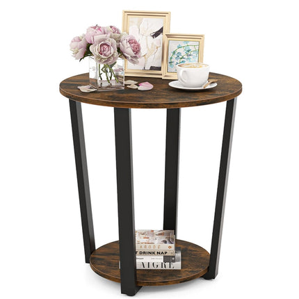 Dreamade Round End Table Set of 1/2, 2-Tier Side Sofa Table with Open Storage Shelf and Metal Frame
