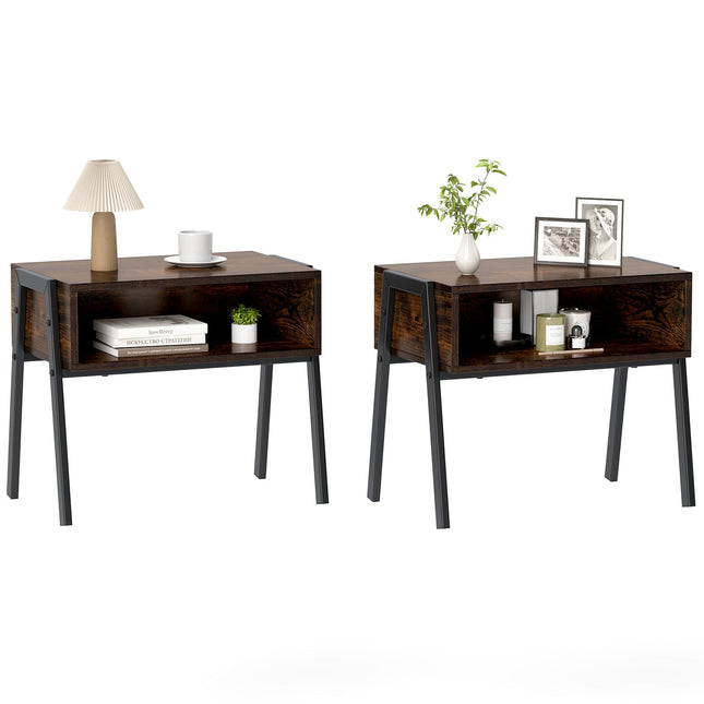 Dreamade Stackable End Table Set of 2, Compact Nightstands w/Metal Frame & Open Compartments