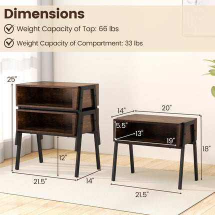 Dreamade Stackable End Table Set of 2, Compact Nightstands w/Metal Frame & Open Compartments