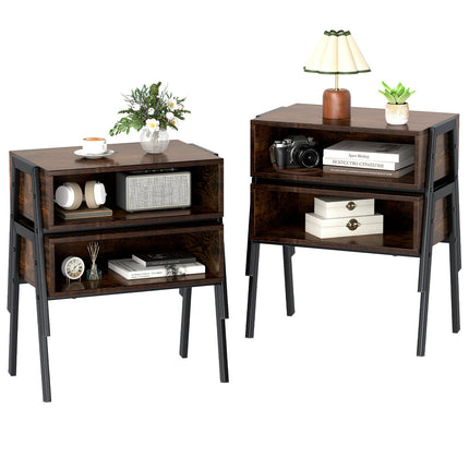 Dreamade Stackable End Table Set of 2, Compact Nightstands w/Metal Frame & Open Compartments