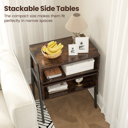 Dreamade Stackable End Table Set of 2, Compact Nightstands w/Metal Frame & Open Compartments