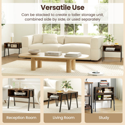 Dreamade Stackable End Table Set of 2, Compact Nightstands w/Metal Frame & Open Compartments