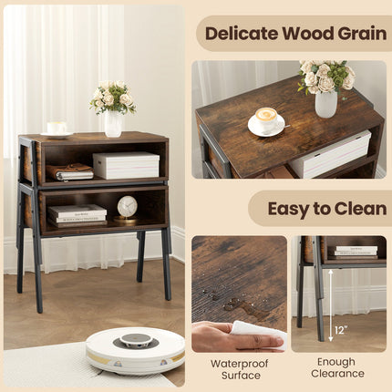 Dreamade Stackable End Table Set of 2, Compact Nightstands w/Metal Frame & Open Compartments