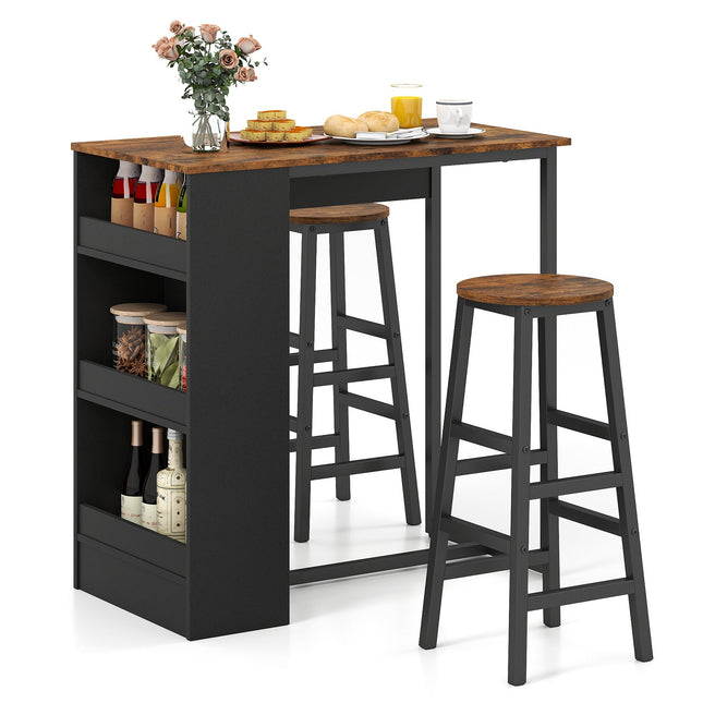 3 Piece Pub Dining Set, Wooden Counter Height Table Set with 2 Bar Stools (Brown)