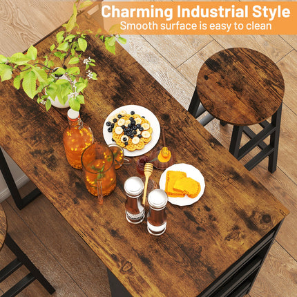 3 Piece Pub Dining Set, Wooden Counter Height Table Set with 2 Bar Stools (Brown)