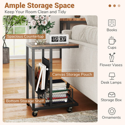 Dreamade C Shaped End Table with Rolling Wheels Set of 1/2