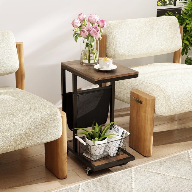 Dreamade C Shaped End Table with Rolling Wheels Set of 1/2