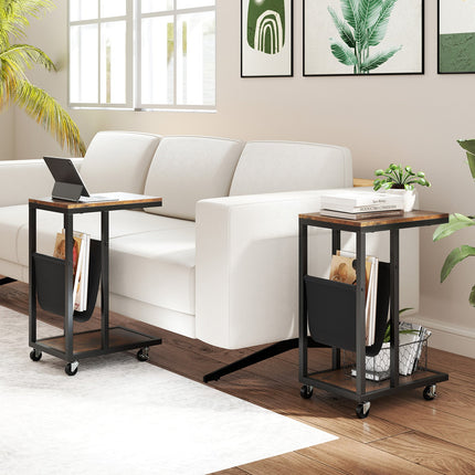 Dreamade C Shaped End Table with Rolling Wheels Set of 1/2