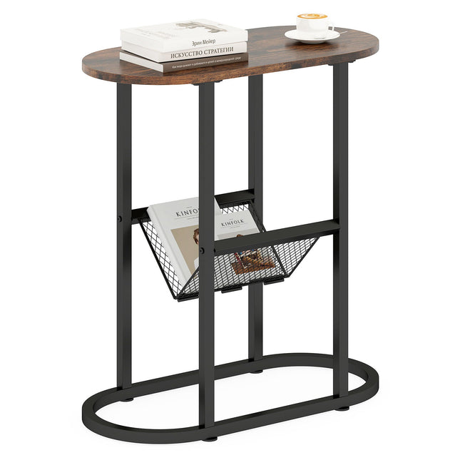 Dreamade Oval Narrow Side Table, Small End Table with Magazine Rack Sling Holder Pouch