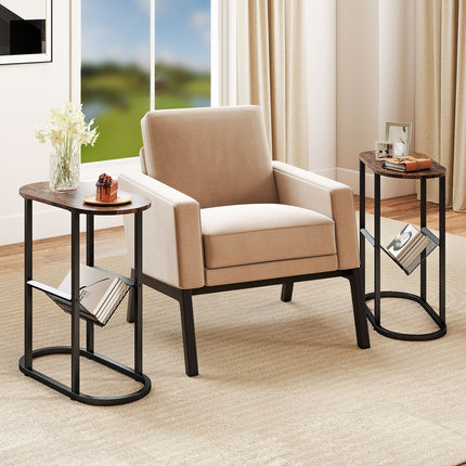 Dreamade Oval Narrow Side Table, Small End Table with Magazine Rack Sling Holder Pouch