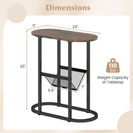 Dreamade Oval Narrow Side Table, Small End Table with Magazine Rack Sling Holder Pouch