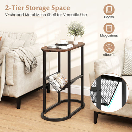 Dreamade Oval Narrow Side Table, Small End Table with Magazine Rack Sling Holder Pouch