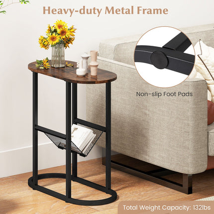 Dreamade Oval Narrow Side Table, Small End Table with Magazine Rack Sling Holder Pouch