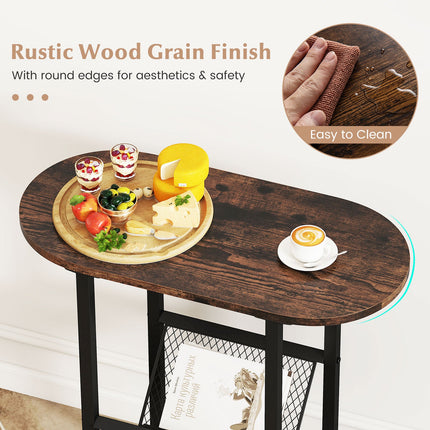 Dreamade Oval Narrow Side Table, Small End Table with Magazine Rack Sling Holder Pouch