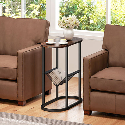 Dreamade Oval Narrow Side Table, Small End Table with Magazine Rack Sling Holder Pouch