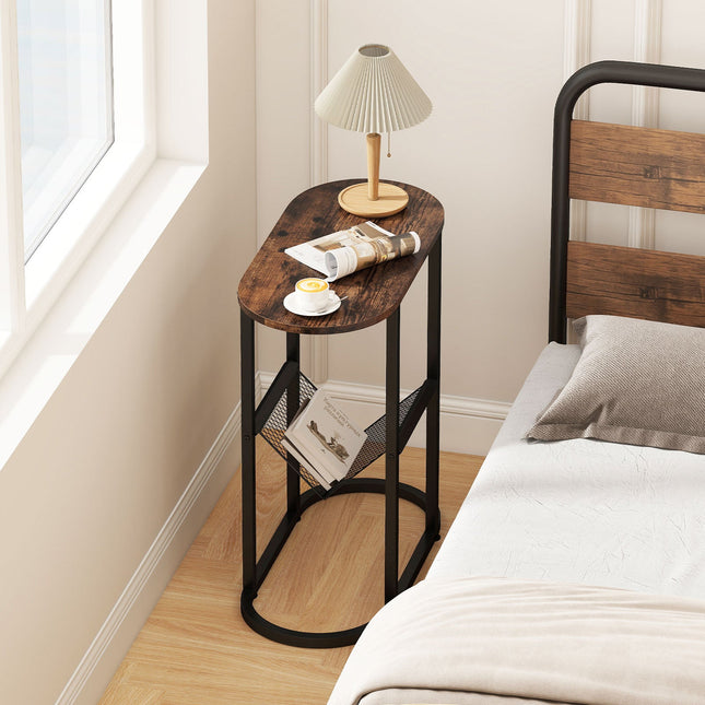 Dreamade Oval Narrow Side Table, Small End Table with Magazine Rack Sling Holder Pouch