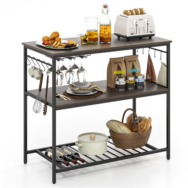 Dreamade Kitchen Baker Rack with 3 Tier Storage Shelves, 10 Hooks, Glass Holder, 40" Stationary Island with Spacious Worktop