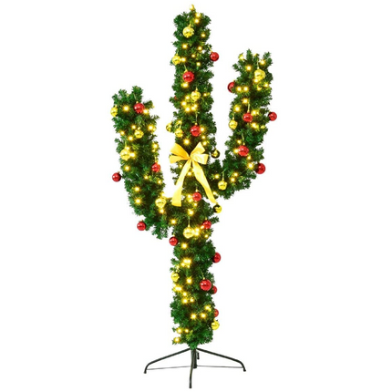 Pre-Lit Artificial Cactus Christmas Tree with LED Lights and Ball Ornaments