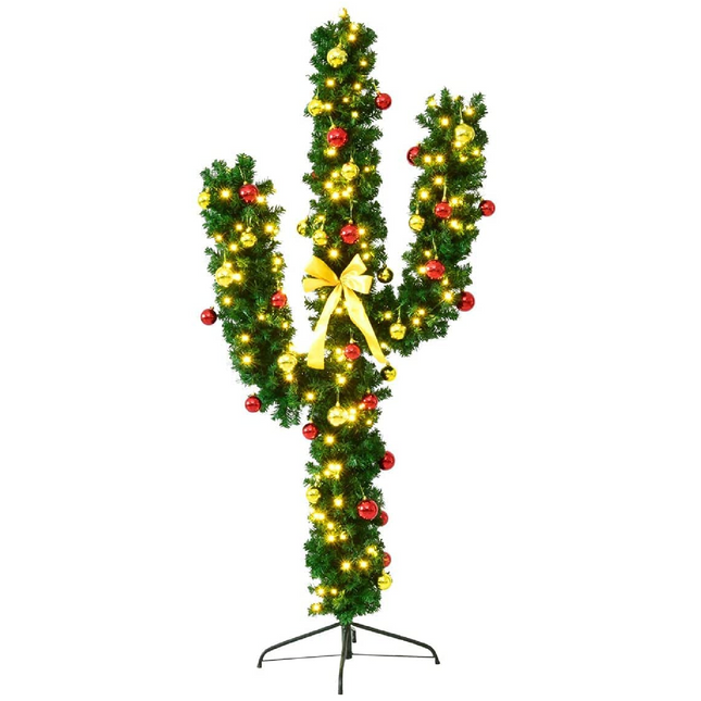 Pre-Lit Artificial Cactus Christmas Tree with LED Lights and Ball Ornaments
