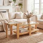 Dreamade Nesting Coffee Table Set of 2 with Tempered Glass Top & Solid Rubber Wood Frame