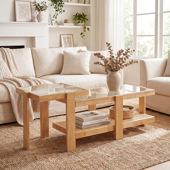 Dreamade Nesting Coffee Table Set of 2 with Tempered Glass Top & Solid Rubber Wood Frame