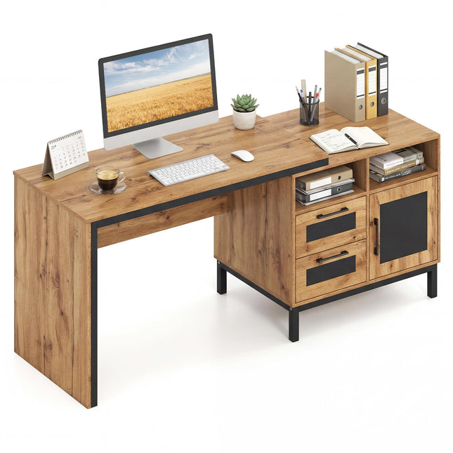 Dreamade 71" Farmhouse Executive Desk with Open Compartments Storage Drawers & Single-Door Cabinet