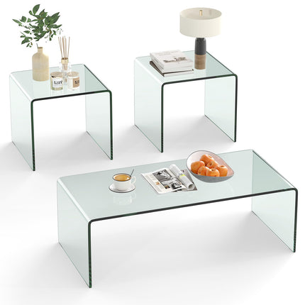 Dreamade Tempered Glass Coffee Table Set of 3 with Round Edges No Assembly Needed