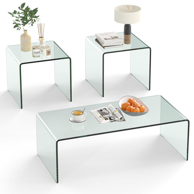 Dreamade Tempered Glass Coffee Table Set of 3 with Round Edges No Assembly Needed