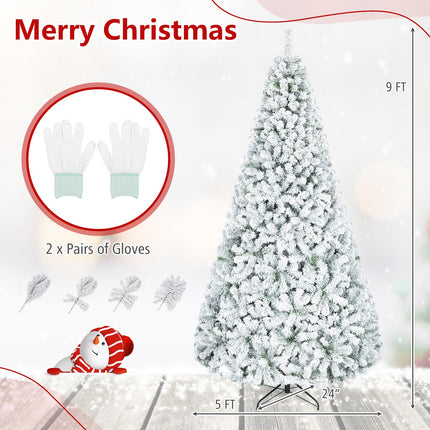 Dreamade 6FT/9FT Artificial Christmas Tree Unlit Flocked Xmas Tree with Full Branch Tips & Folding Metal Stand
