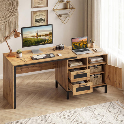 Dreamade 71" Farmhouse Executive Desk with Open Compartments Storage Drawers & Single-Door Cabinet
