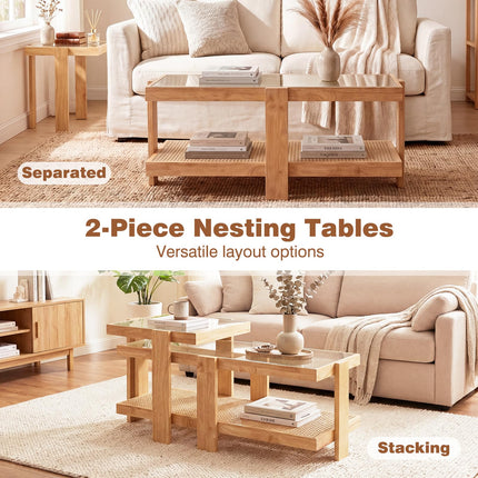 Dreamade Nesting Coffee Table Set of 2 with Tempered Glass Top & Solid Rubber Wood Frame