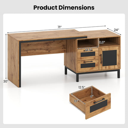 Dreamade 71" Farmhouse Executive Desk with Open Compartments Storage Drawers & Single-Door Cabinet