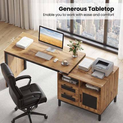 Dreamade 71" Farmhouse Executive Desk with Open Compartments Storage Drawers & Single-Door Cabinet