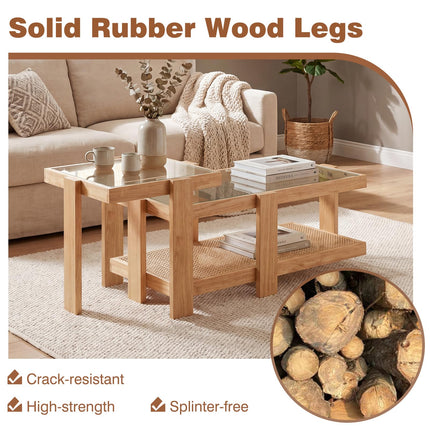 Dreamade Nesting Coffee Table Set of 2 with Tempered Glass Top & Solid Rubber Wood Frame