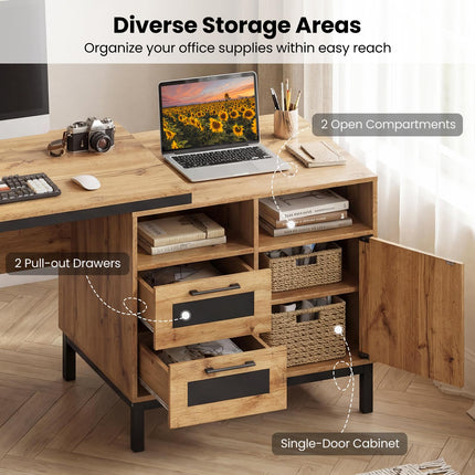 Dreamade 71" Farmhouse Executive Desk with Open Compartments Storage Drawers & Single-Door Cabinet