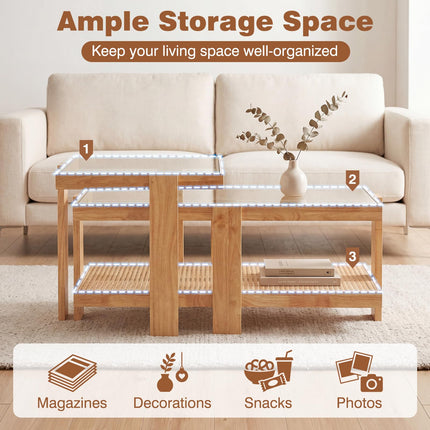 Dreamade Nesting Coffee Table Set of 2 with Tempered Glass Top & Solid Rubber Wood Frame