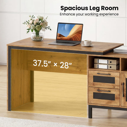 Dreamade 71" Farmhouse Executive Desk with Open Compartments Storage Drawers & Single-Door Cabinet